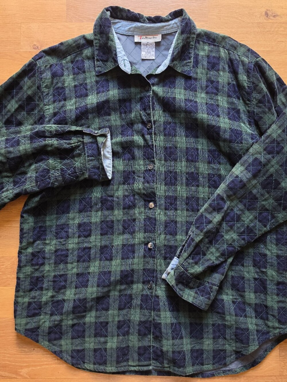 Vintage Talbots Velvet Quilted Green & Navy Plaid Men's Button-Up Shacket